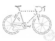 PrahaBike - t-shirt design- bike made from names of the famous Prague's sights